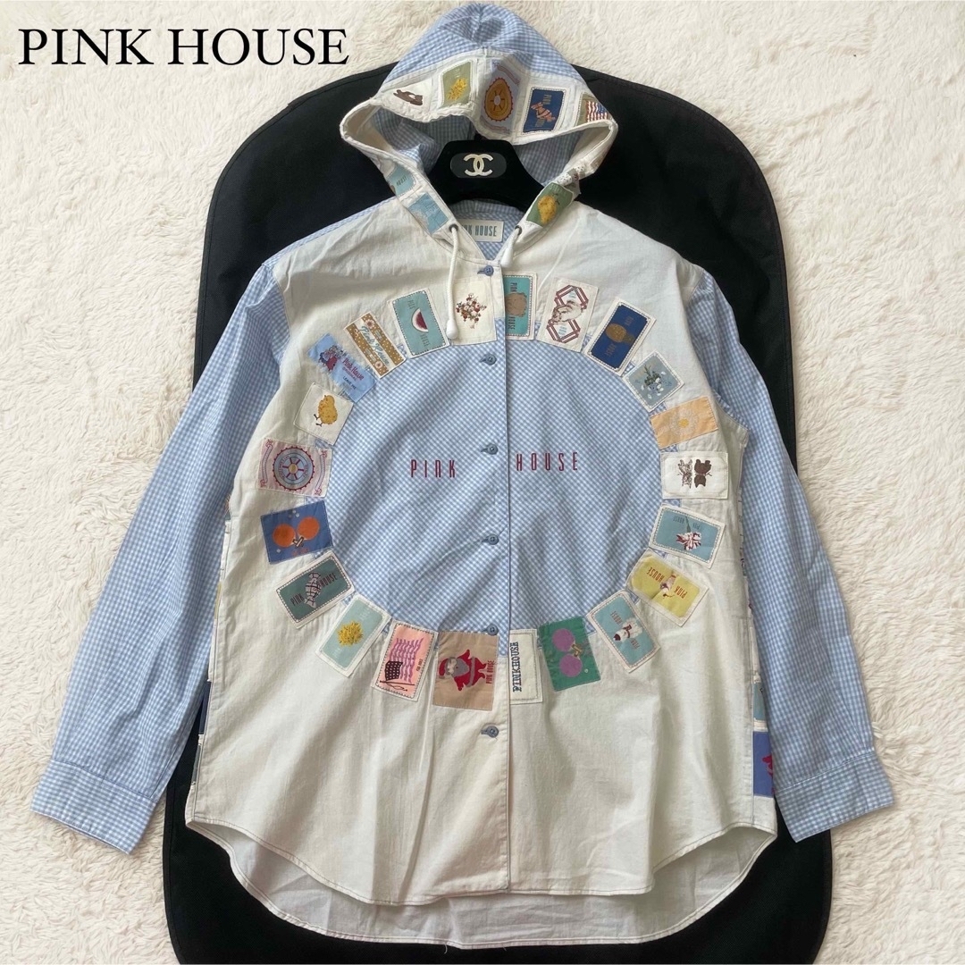 PINK HOUSE(ピンクハウス)のピンクハウス　フード付きシャツ　ワッペン　ギンガムチェック　クマ レディースのトップス(カットソー(長袖/七分))の商品写真