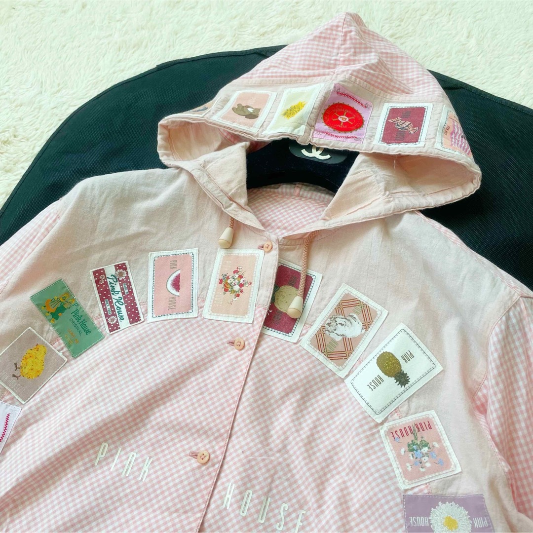 ピンクハウス　ワッペン　フード付きシャツ　ギンガムチェック　ピンク　クマ