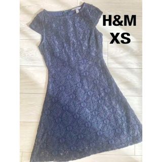 エイチアンドエム(H&M)のH&M　総レース♡ワンピース　ネイビー　花柄　XS　32　34(ひざ丈ワンピース)