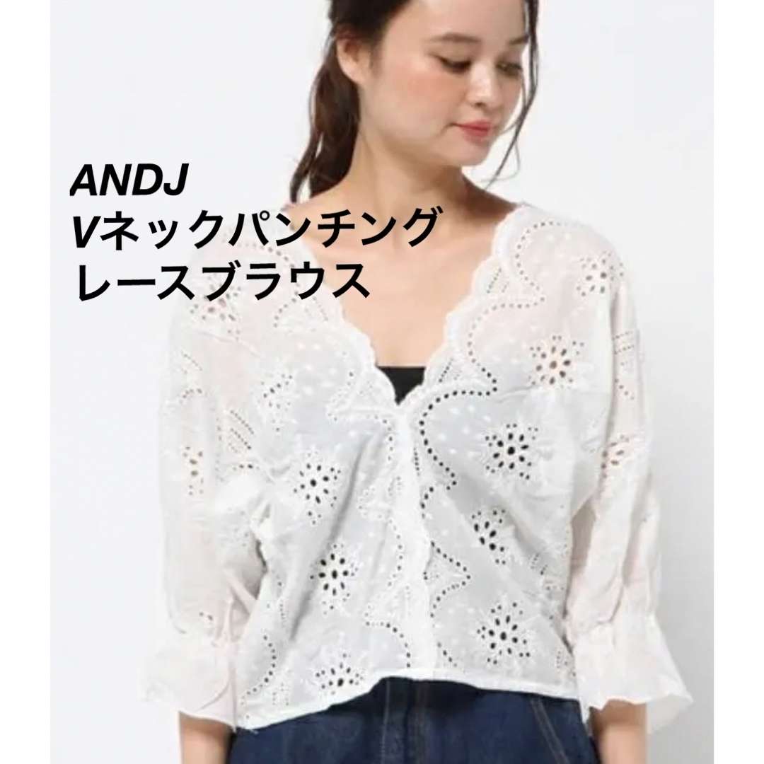 ANDJ(アンドジェイ)のANDJ  Vネックパンチングレースブラウス　七分袖 レディースのトップス(シャツ/ブラウス(長袖/七分))の商品写真