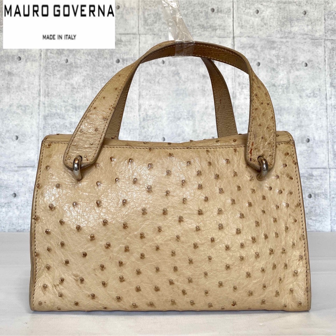 【MAURO GOVERNA】オーストリッチ ベージュ シルバー金具ハンドバッグ