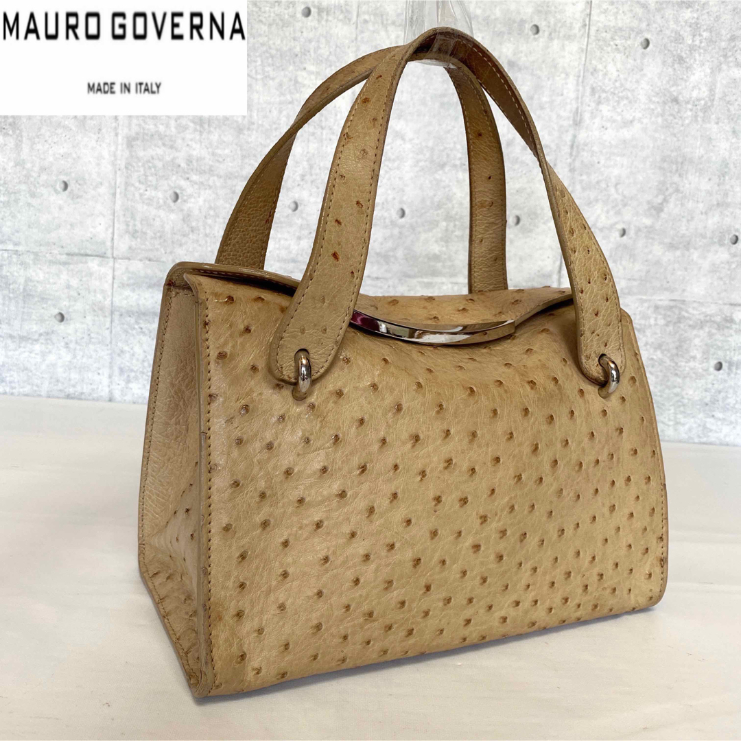 【MAURO GOVERNA】オーストリッチ ベージュ シルバー金具ハンドバッグ