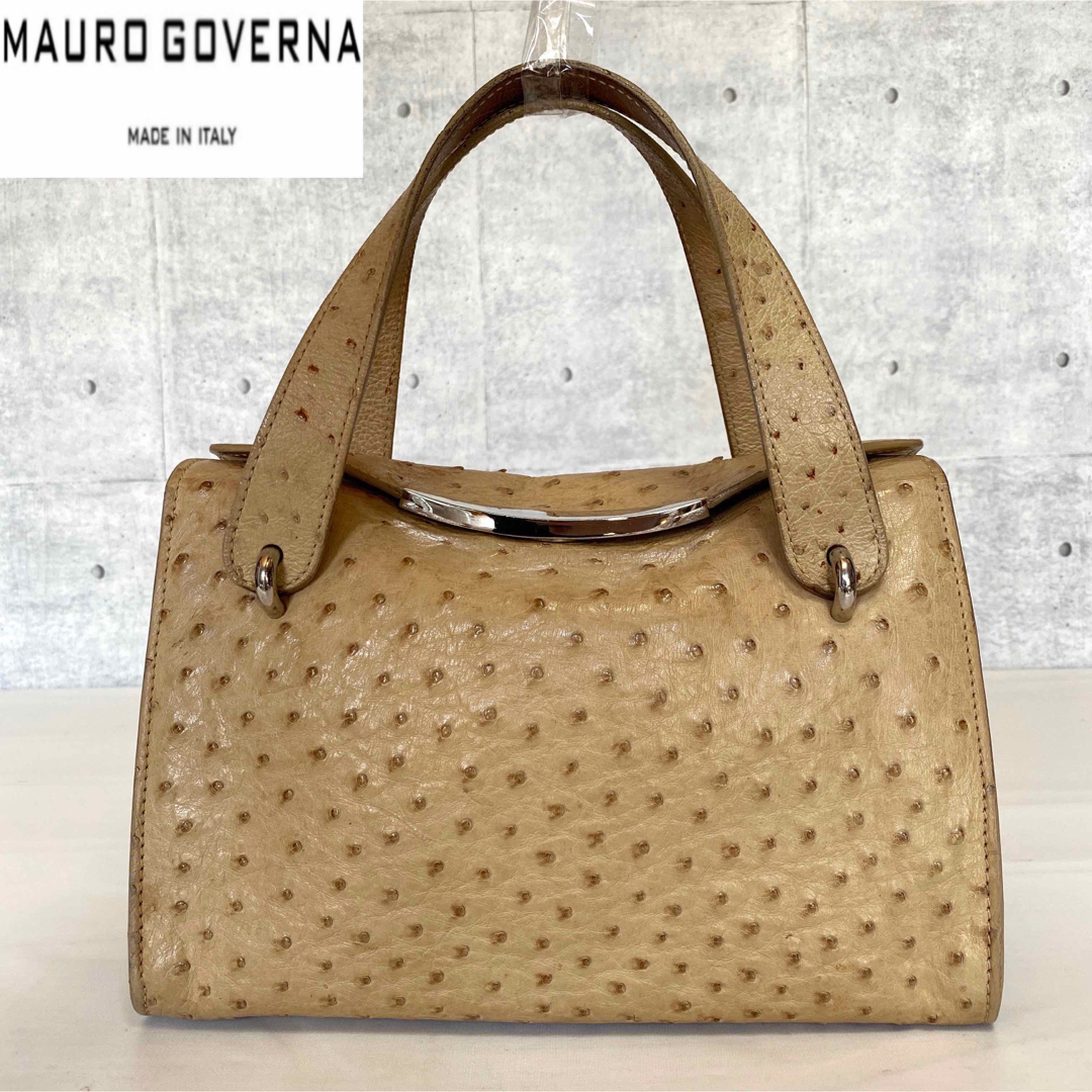 【MAURO GOVERNA】オーストリッチ ベージュ シルバー金具ハンドバッグ