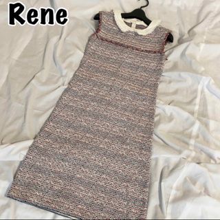 ルネ(René)の🌻Rene ひざ丈ワンピース ノースリーブ サマーツイード 白襟 34(ひざ丈ワンピース)