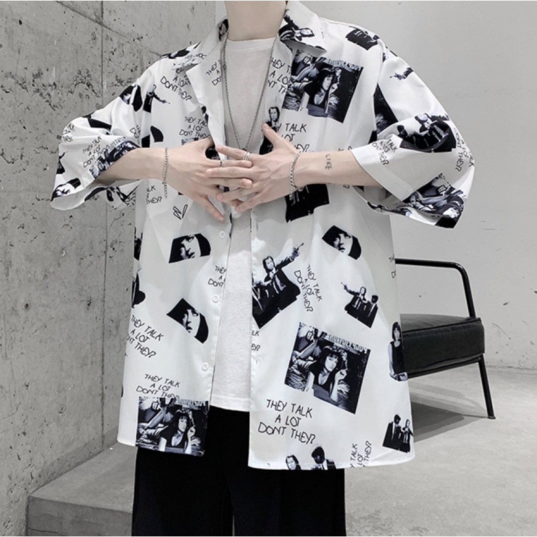 総柄 シャツ 半袖 ビッグシルエット フォトプリント 韓国 モード メンズ 夏服 メンズのトップス(シャツ)の商品写真