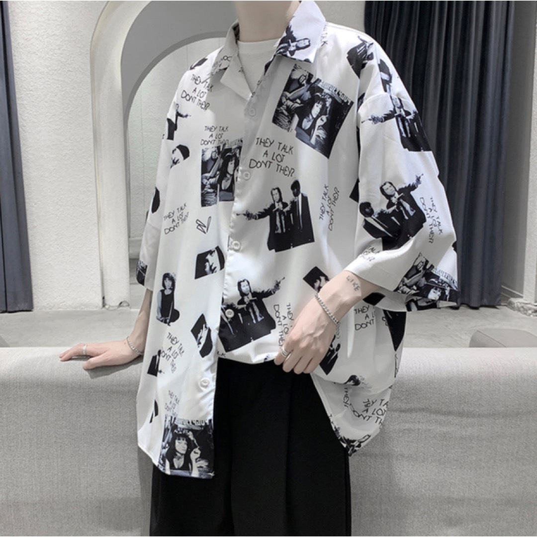 総柄 シャツ 半袖 ビッグシルエット フォトプリント 韓国 モード メンズ 夏服 メンズのトップス(シャツ)の商品写真