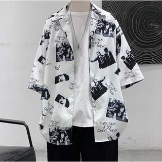 総柄 シャツ 半袖 ビッグシルエット フォトプリント 韓国 モード メンズ 夏服(シャツ)