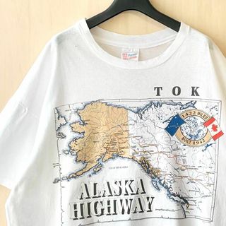 ヘインズ(Hanes)の90s古着ヴィンテージ　やや薄手生地　ヘインズ　Tシャツ　アラスカハイウェイ地図(Tシャツ/カットソー(半袖/袖なし))