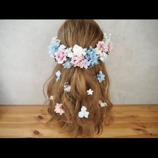 結婚式　プリザーブドフラワー　ドレス　ヘッドパーツ　お花　ピンク　パープル　水色(ウェディングドレス)