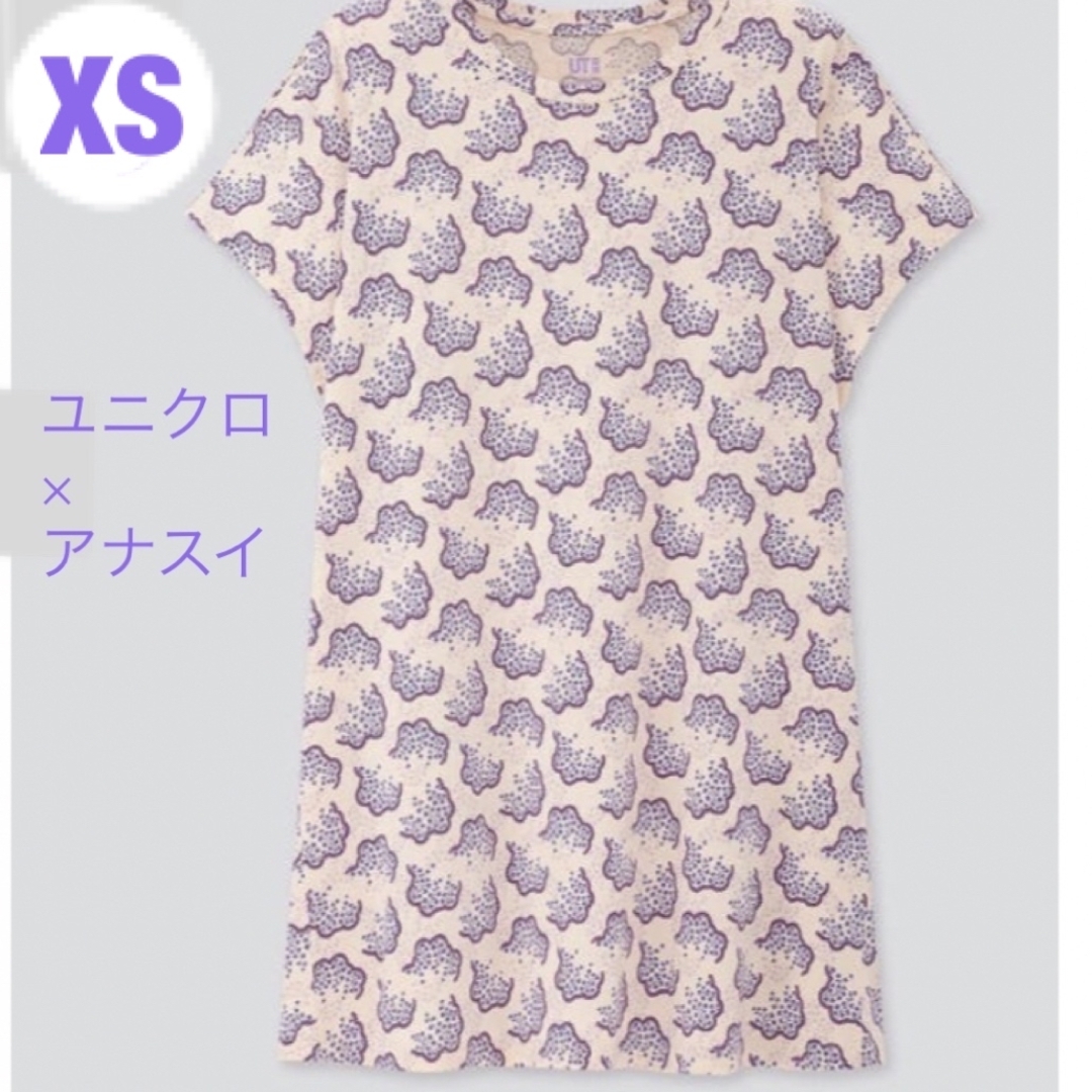 UNIQLO(ユニクロ)のアナスイ　ユニクロ　チュニック　半袖Tシャツ 黒XS 紫小花柄総柄フラワー 長め レディースのトップス(Tシャツ(半袖/袖なし))の商品写真