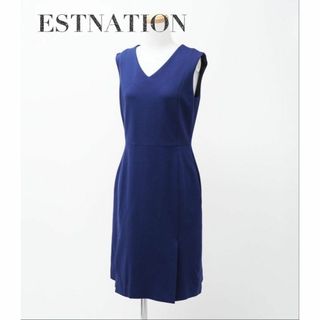 エストネーション(ESTNATION)の【極美品】エストネーション ノースリーブ ワンピース Vネック Sサイズ ブルー(ひざ丈ワンピース)