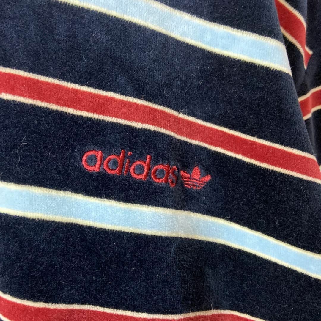 高級感抜群ベロア◎】adidasワンポイント刺繍ロゴスウェットボーダーM