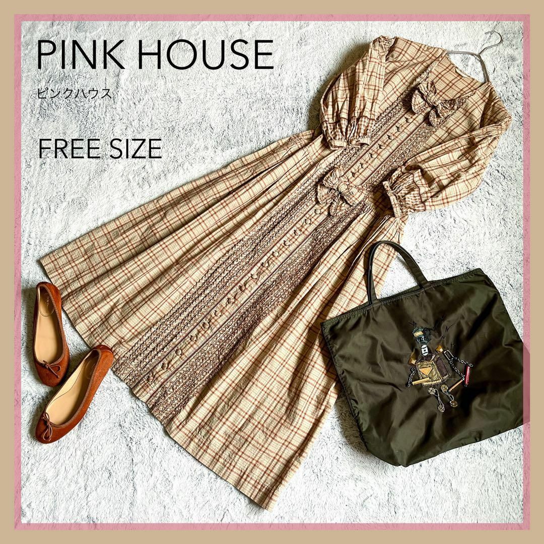PINK HOUSE】ピンクハウス ピコフリル ロングワンピース チェック F-