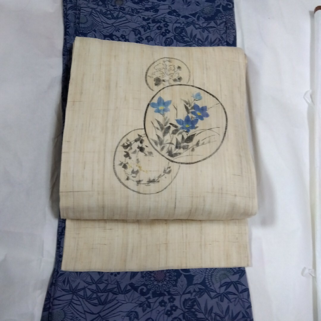 麻帯　夏用　桔梗柄 レディースの水着/浴衣(帯)の商品写真