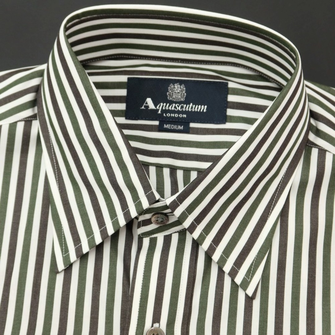 【中古】【未使用】アクアスキュータム Aquascutum ストライプ 半袖シャツ ダークグリーンxホワイト【サイズM】【メンズ】