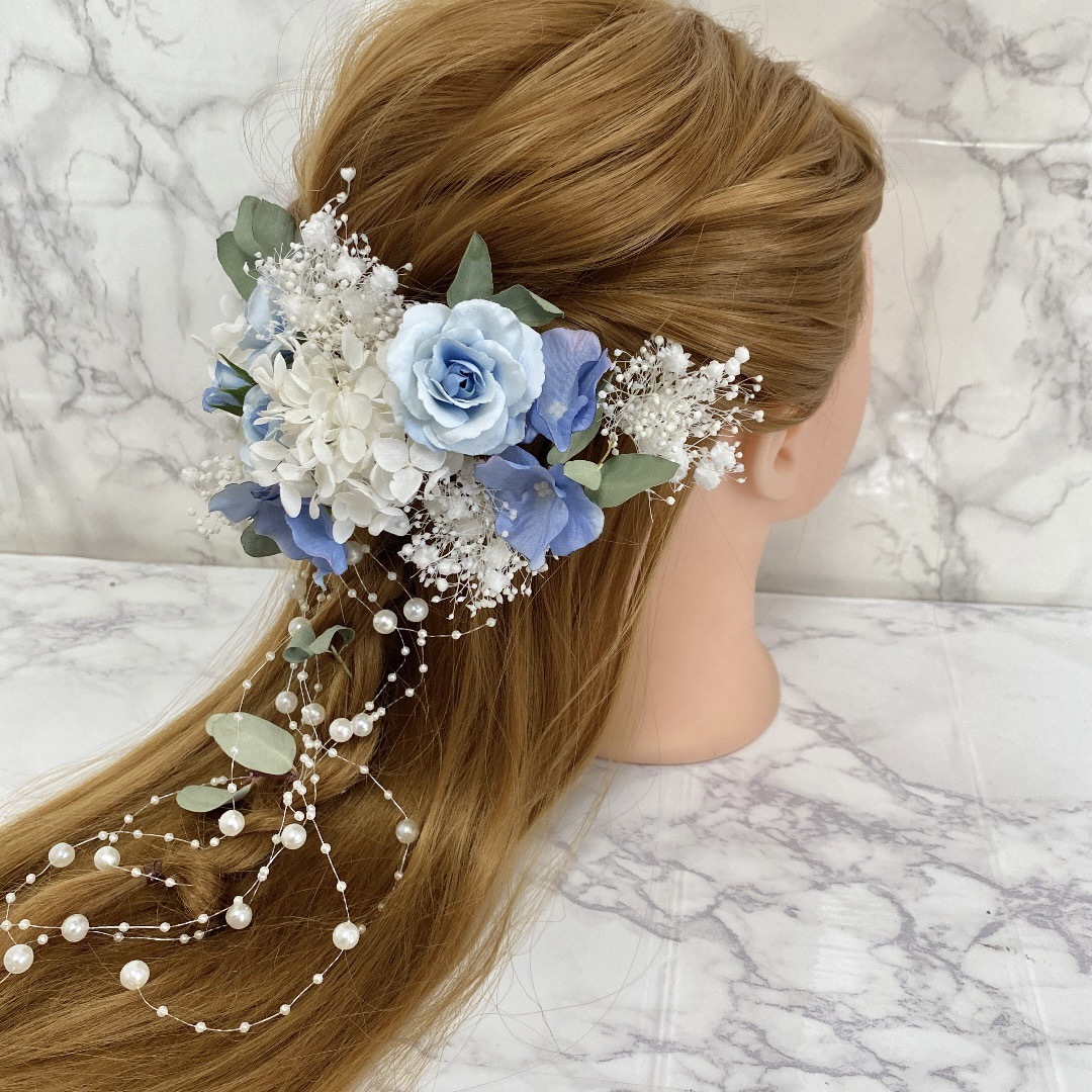 髪飾り 結婚式 成人式 卒業式 青薔薇 パール