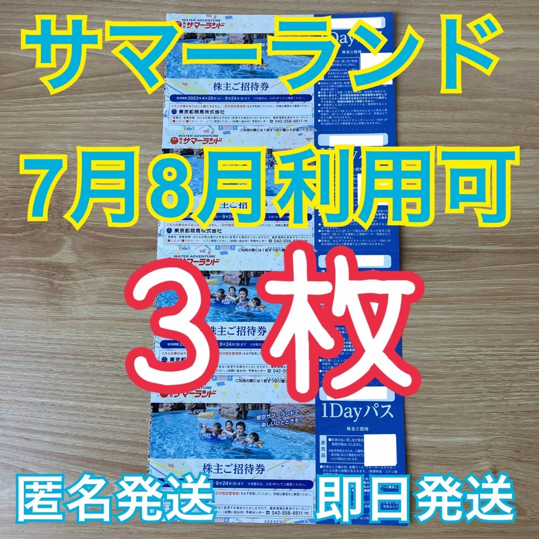 7月8月利用可 東京 サマーランド 株主優待 1Dayパス フリーパス 3枚