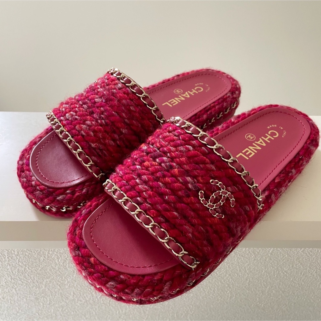 CHANEL - CHANEL フラットサンダル 赤 レッド ツイード 38 シャネル