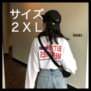 001060XXL　Tシャツ長袖 ビッグシルエットバック ロゴプリント ホワイト(Tシャツ(長袖/七分))