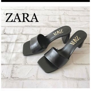 ザラ(ZARA)の【しーさま専用】美品 ZARA レザーブロックヒールサンダル ブラック 36(サンダル)