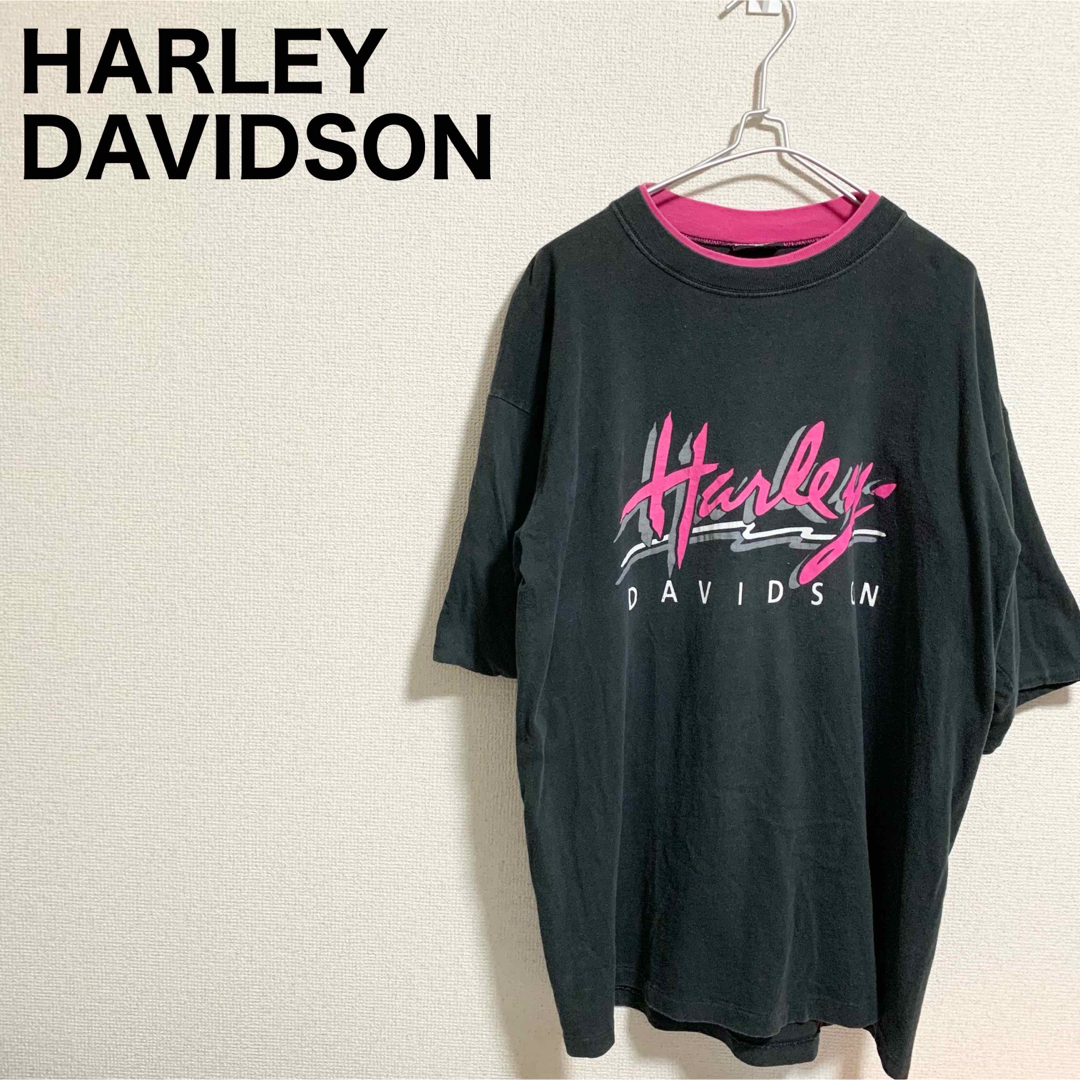 Harley Davidson(ハーレーダビッドソン)のレア！ハーレーダビッドソン Tシャツ メンズXL 黒 ピンク ビッグロゴ  メンズのトップス(Tシャツ/カットソー(半袖/袖なし))の商品写真