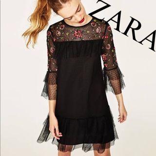 ザラ(ZARA)の美品　ZARA ザラ　ワンピース　花柄　シアー　チュール　ドット　ビーズ　人気(ひざ丈ワンピース)