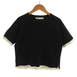 ザラ(ZARA)のZARA カットソー 半袖 丸首 クロップド丈 裾スリット 配色 黒 オフ白 M(カットソー(半袖/袖なし))