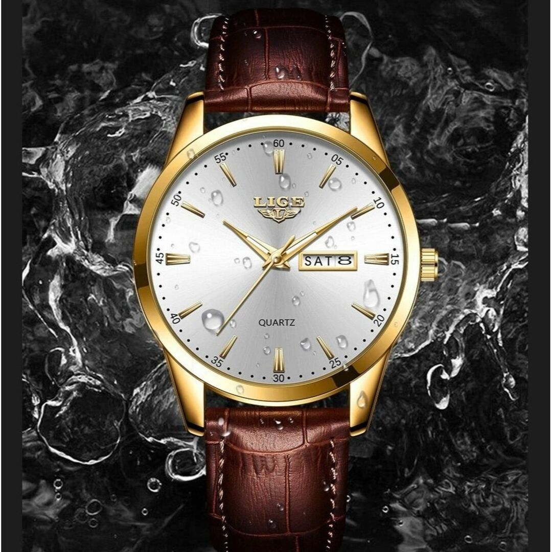LIGE　ラグジュアリークォーツ時計　防水　カレンダー　発光　ゴールドホワイト メンズの時計(腕時計(アナログ))の商品写真