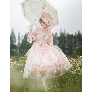 ベイビーザスターズシャインブライト(BABY,THE STARS SHINE BRIGHT)の刺繍　レース　ジャンパースカート　ワンピース　ピンク　ロリィタ  ドレス(ひざ丈ワンピース)