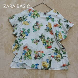 ザラ(ZARA)のZARA BASIC　ザラ　ボタニカルプリント　コットンフリルトップス　夏コーデ(シャツ/ブラウス(半袖/袖なし))