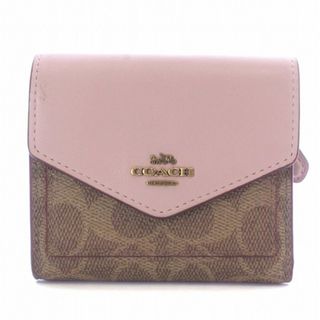 コーチ(COACH)のCOACH 財布 三つ折り レザー シグネチャー ロゴ ベージュ ピンク(財布)