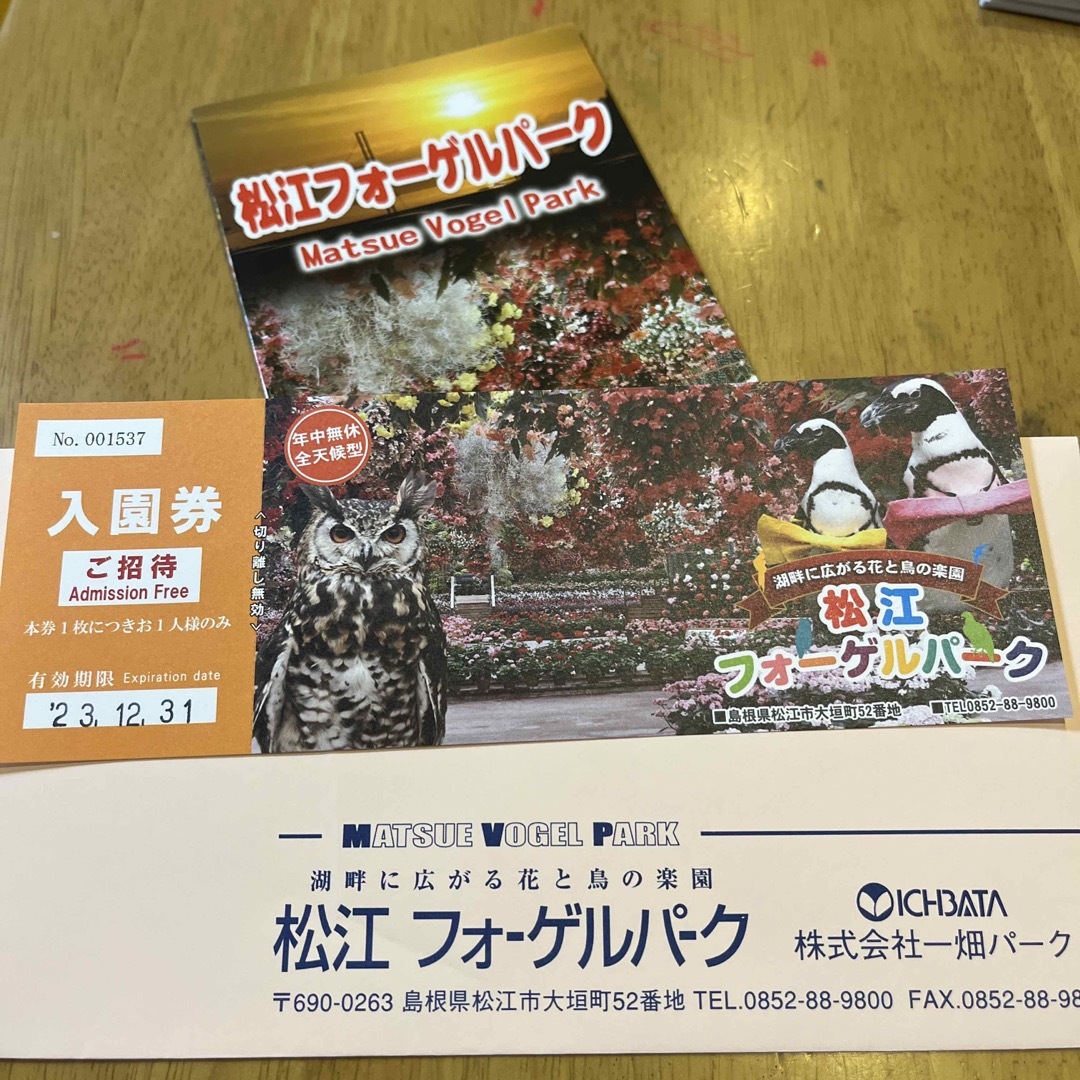 松江フォーゲルパーク　入園券　1枚　島根県 チケットの施設利用券(その他)の商品写真