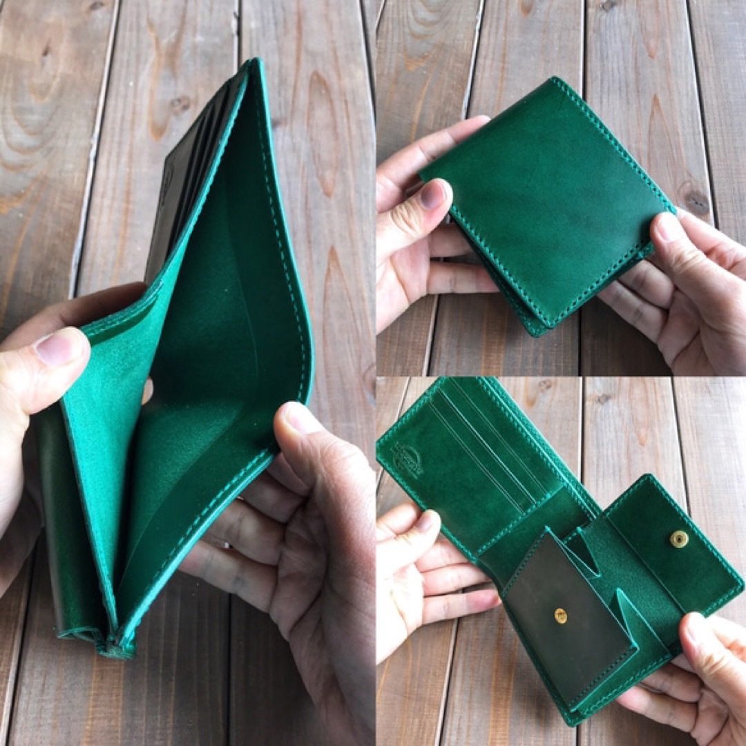 イタリアンレザーを使った緑色の二つ折り財布 送料無料 名入れ可 4