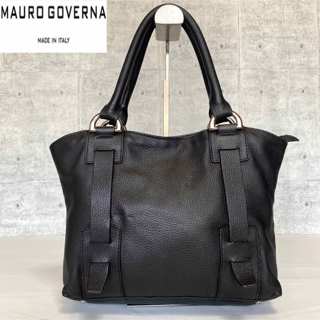 極美品】MAURO GOVERNA シボ革 ブラック シルバー金具トートバッグ-