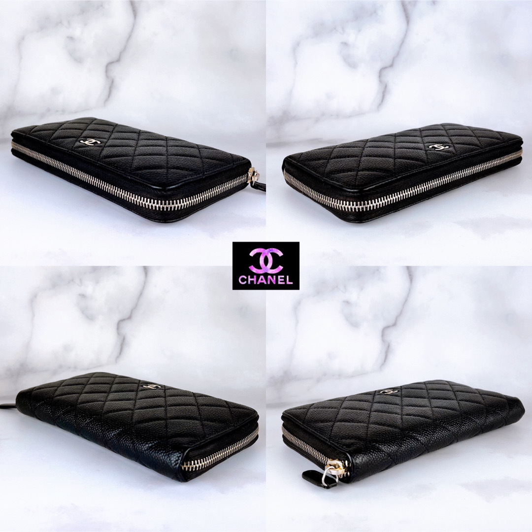 超極美品 CHANEL マトラッセ キャビアスキン ラウンドファスナー 長財布