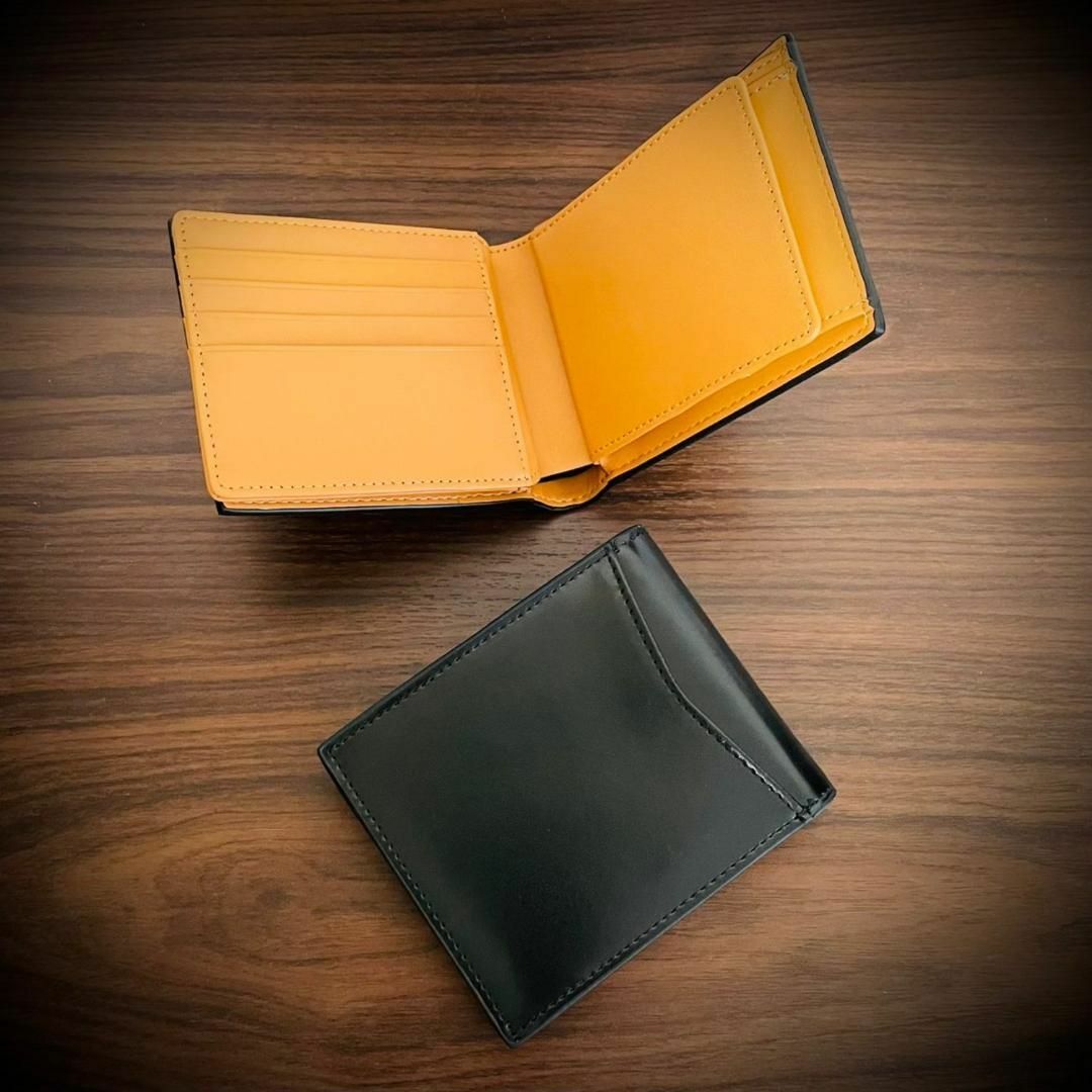 ガラスレザー 二つ折り 財布 カード２１枚 大容量 本革 牛革 ブラック 黒 メンズのファッション小物(折り財布)の商品写真