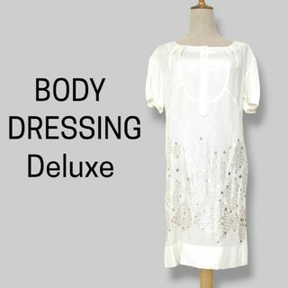 ボディドレッシングデラックス(BODY DRESSING Deluxe)のBODY DRESSING ボディドレッシング 半袖ワンピース インナー付き白(ひざ丈ワンピース)