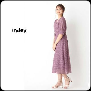 インデックス(INDEX)のインデックス●ウエストリボン付き♪総柄レースフレア5分袖ロング丈ワンピース/上品(ロングワンピース/マキシワンピース)