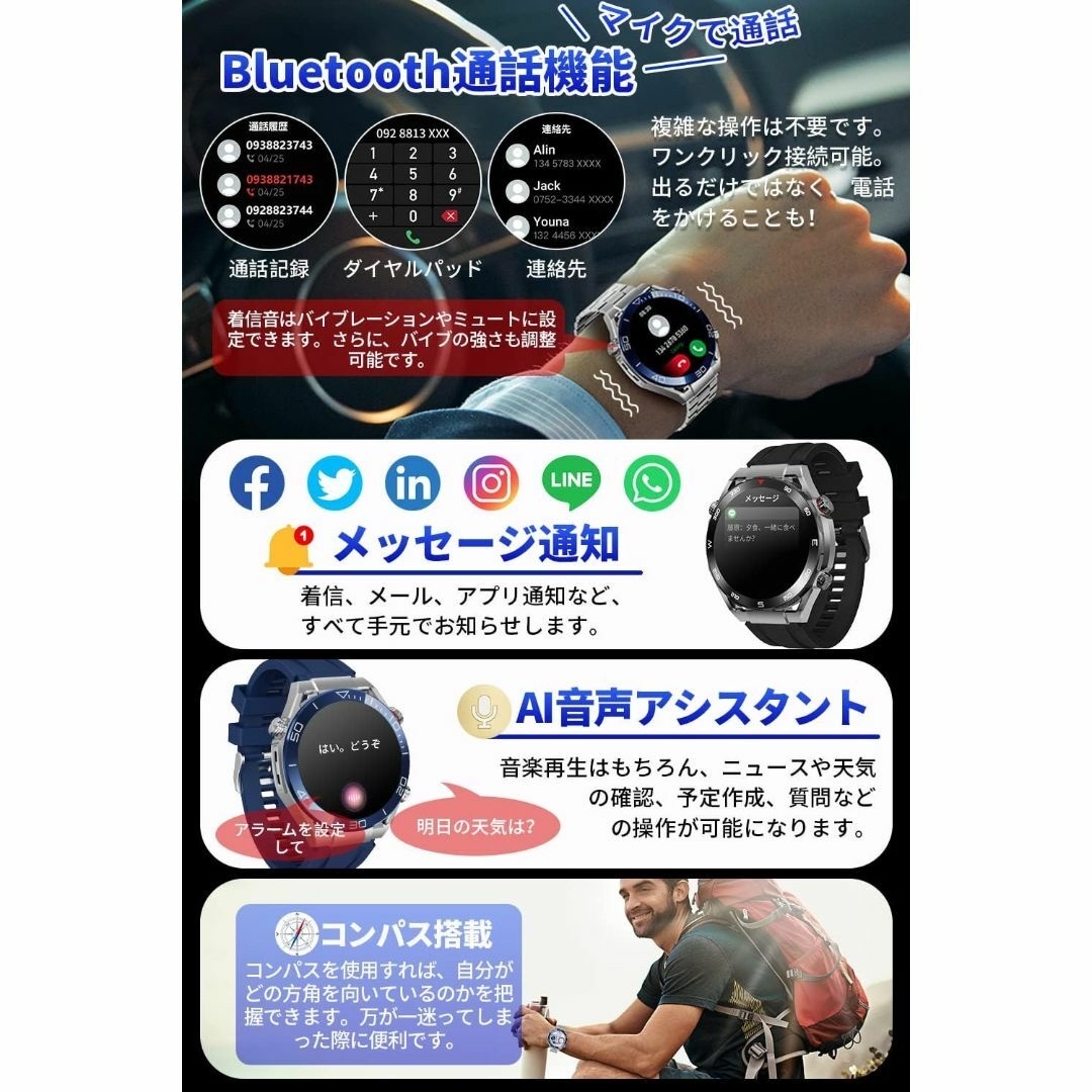 スマートウォッチ 丸型 1.52インチ大画面 【3種バンド付き コンパス