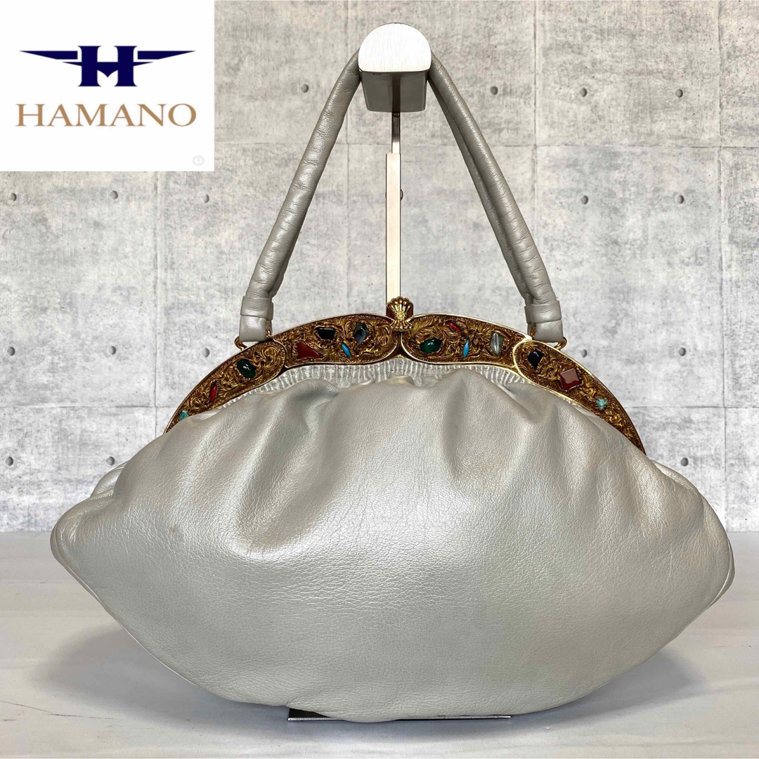 【極美品】HAMANO サンピエトロ パールホワイト 貴石 がま口 ハンドバッグ