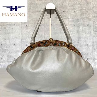 ハマノヒカクコウゲイ(濱野皮革工藝/HAMANO)の【極美品】HAMANO サンピエトロ パールホワイト 貴石 がま口 ハンドバッグ(ハンドバッグ)