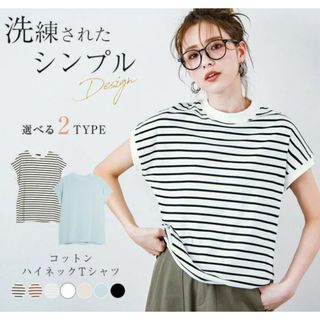 モックネックTシャツブラウンボーダーボーダーTシャツ Tシャツ ラジエム(Tシャツ(長袖/七分))