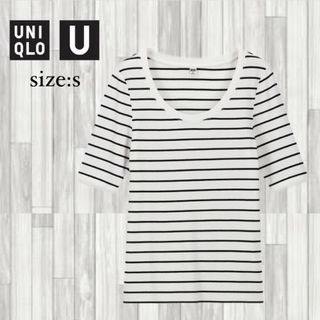 ユニクロ(UNIQLO)のUNIQLO   リブボーダーUネックT   五分丈　S   オフホワイト(カットソー(半袖/袖なし))