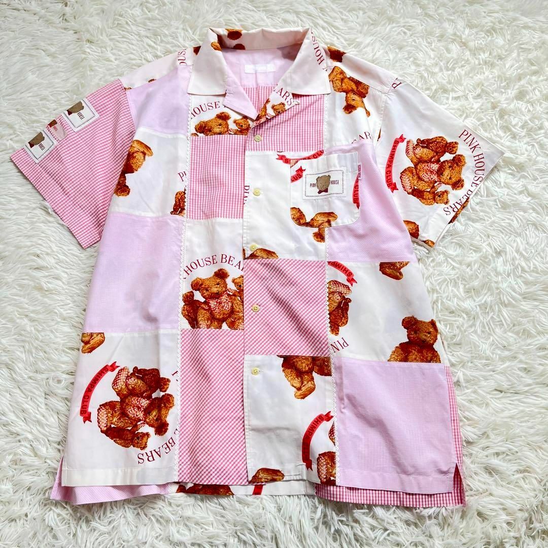【美品】ピンクハウス　オープンカラー シャツ　半袖　パッチワーク　チェック　ベア