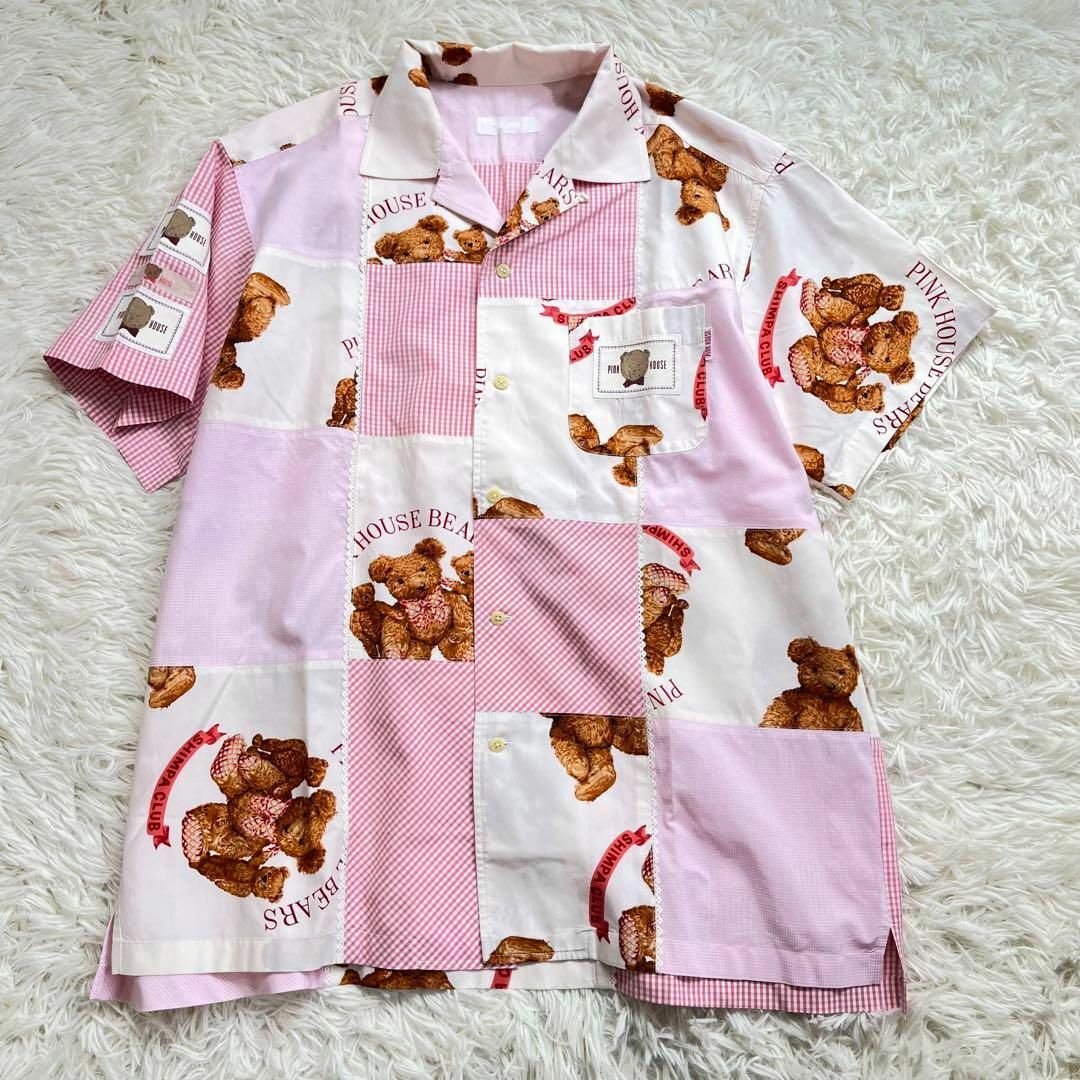 【美品】ピンクハウス オープンカラー シャツ 半袖 パッチワーク チェック ベア