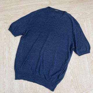 ビームスエフ(BEAMS F)の美品 サイズ50 ビームスF別注 モルガーノ 半袖サマーリネンニット ネイビー(ニット/セーター)