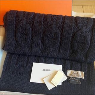 極美品▼2021年12月購入 HERMES エルメス Hロボットパッチ/ワッペン ロゴ刺繍入 カシミヤ100% フリンジ マフラー ネイビー イギリス製 箱付