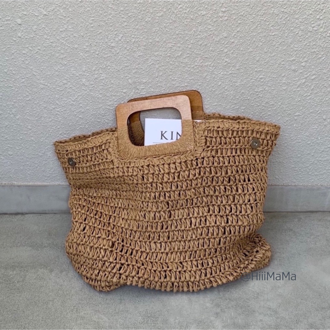 【現品限り】 ウッドハンドル ストローバッグ かご 麻 旅行 夏 マザーズバッグ レディースのバッグ(かごバッグ/ストローバッグ)の商品写真
