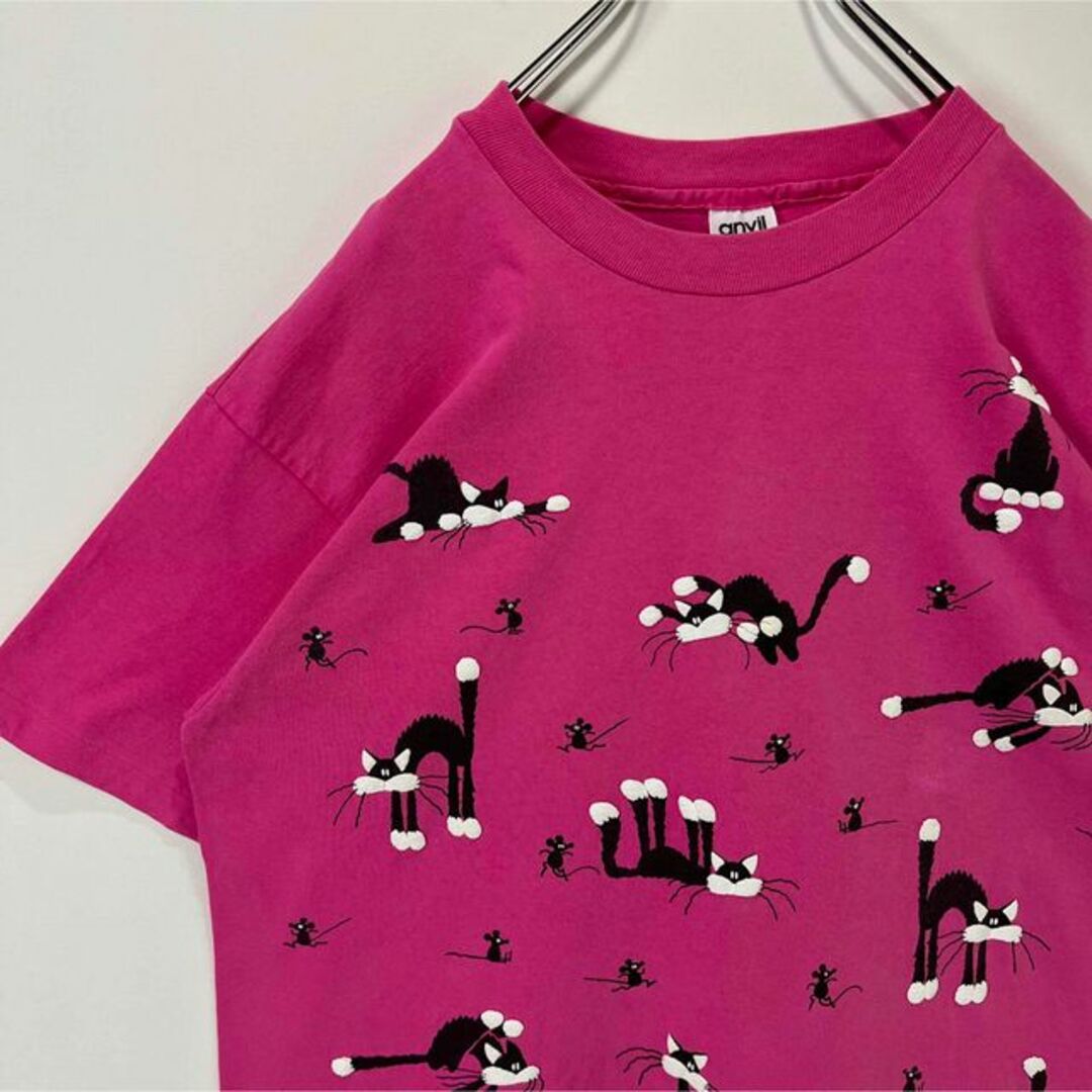 Anvil(アンビル)の猫ちゃん　Tシャツ USA製　シングルステッチ　キャット ピンク　XLサイズ メンズのトップス(Tシャツ/カットソー(半袖/袖なし))の商品写真