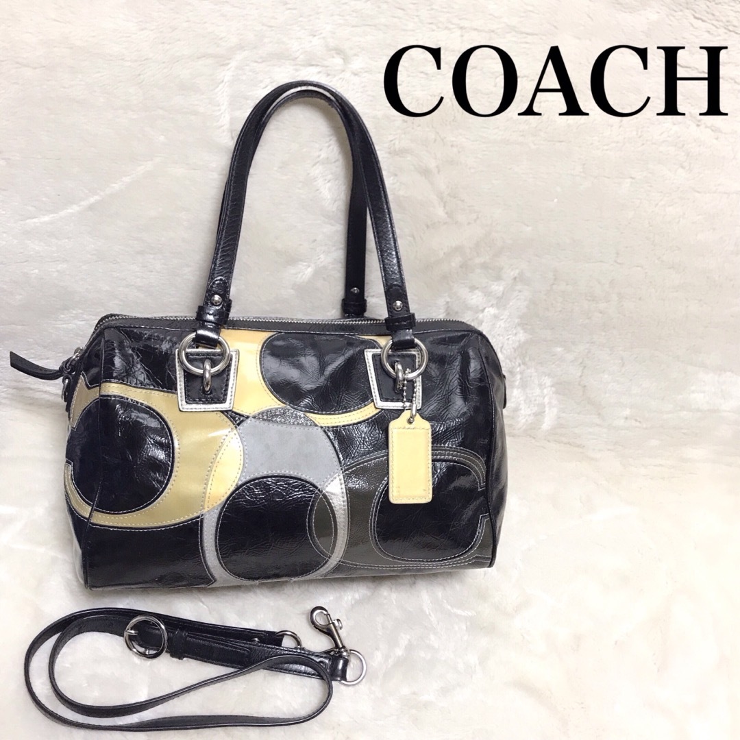 美品 COACH コーチ 2way パッチワーク ミニボストンバッグ ブラック